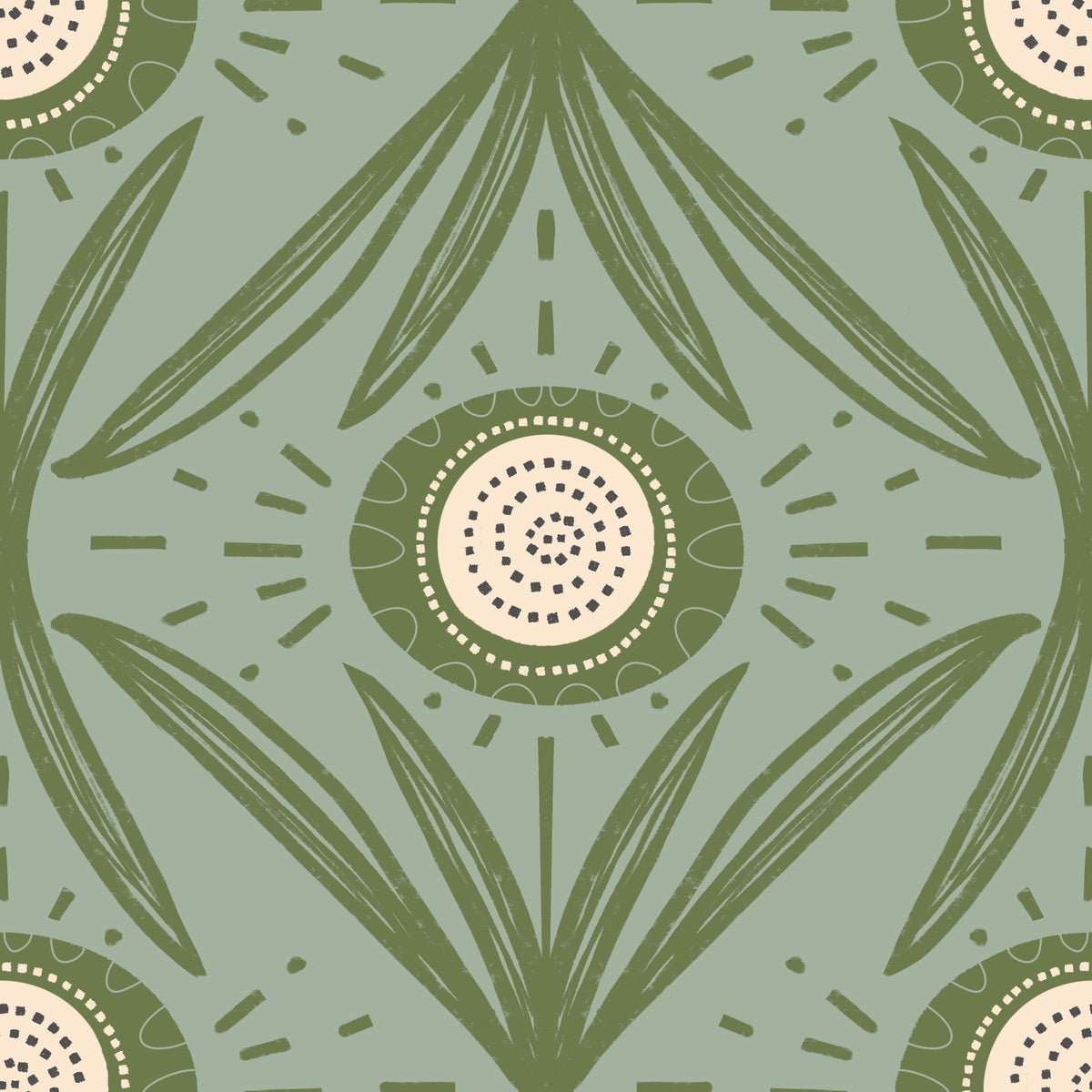 Folk Bloom Radiance Olive Sage - Cottage Green Floral Wallpaper⁠ in your room — zoomed
