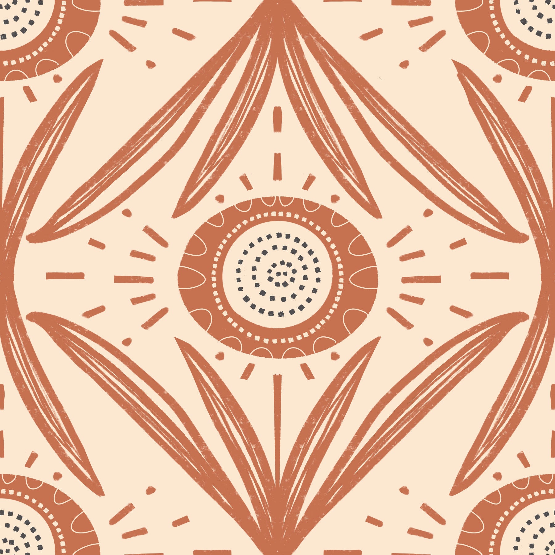 Folk Bloom Radiance Terracotta - Retro Cottage Floral Wallpaper⁠
