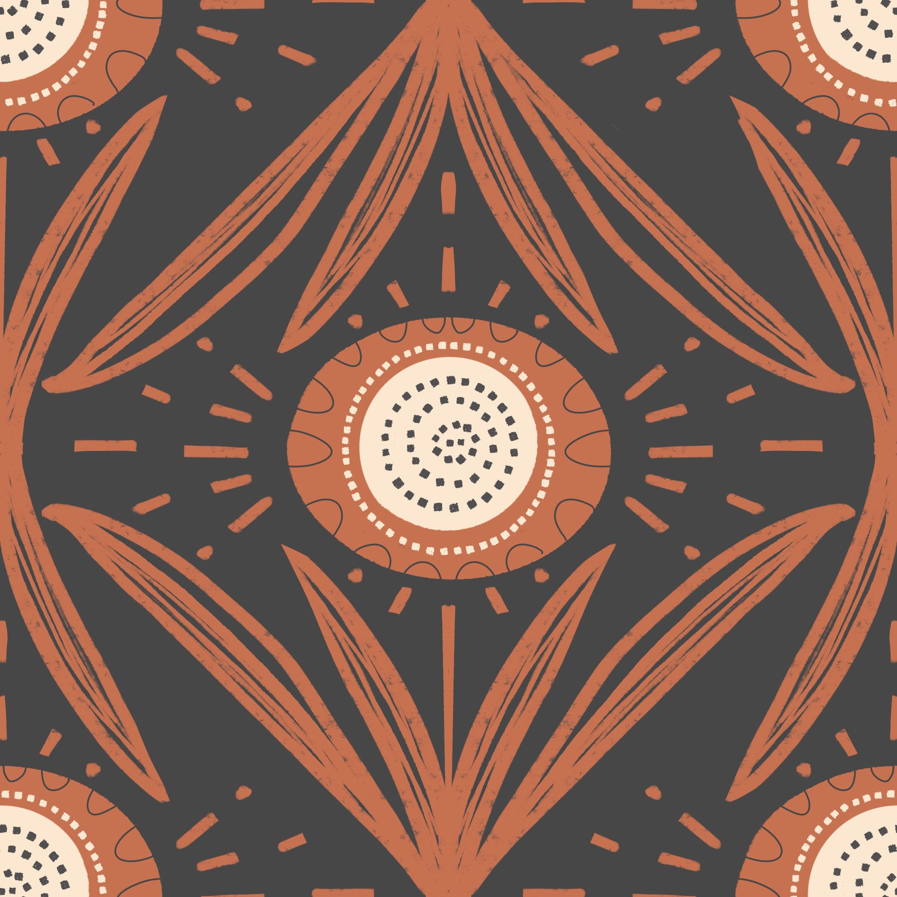 Folk Bloom Radiance Terracotta Charcoal - Mid Mod Floral Wallpaper⁠