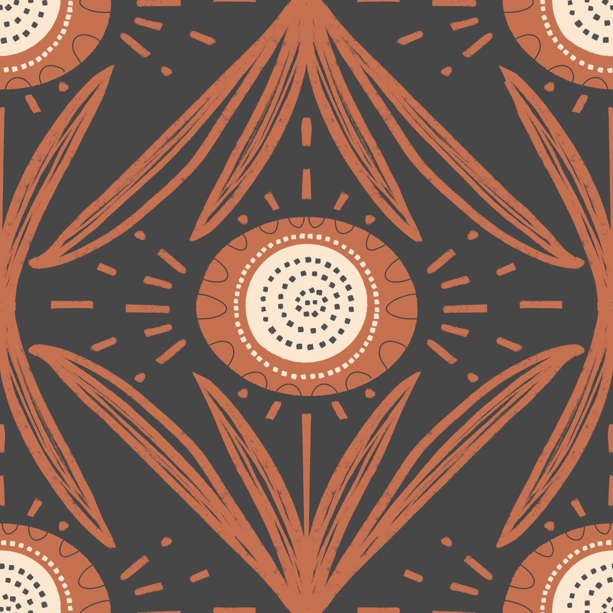 Folk Bloom Radiance Terracotta Charcoal - Mid Mod Floral Wallpaper⁠ in your room — zoomed