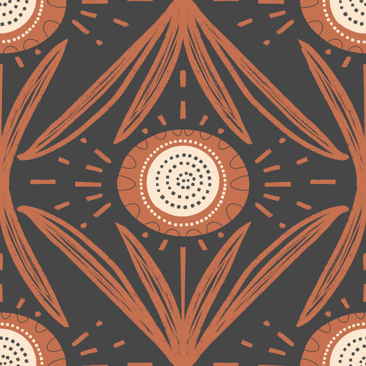 Folk Bloom Radiance Terracotta Charcoal - Mid Mod Floral Wallpaper⁠