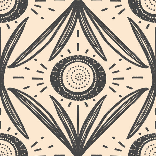 Folk Bloom Radiance Charcoal cream - Retro Contrast Floral Wallpaper⁠