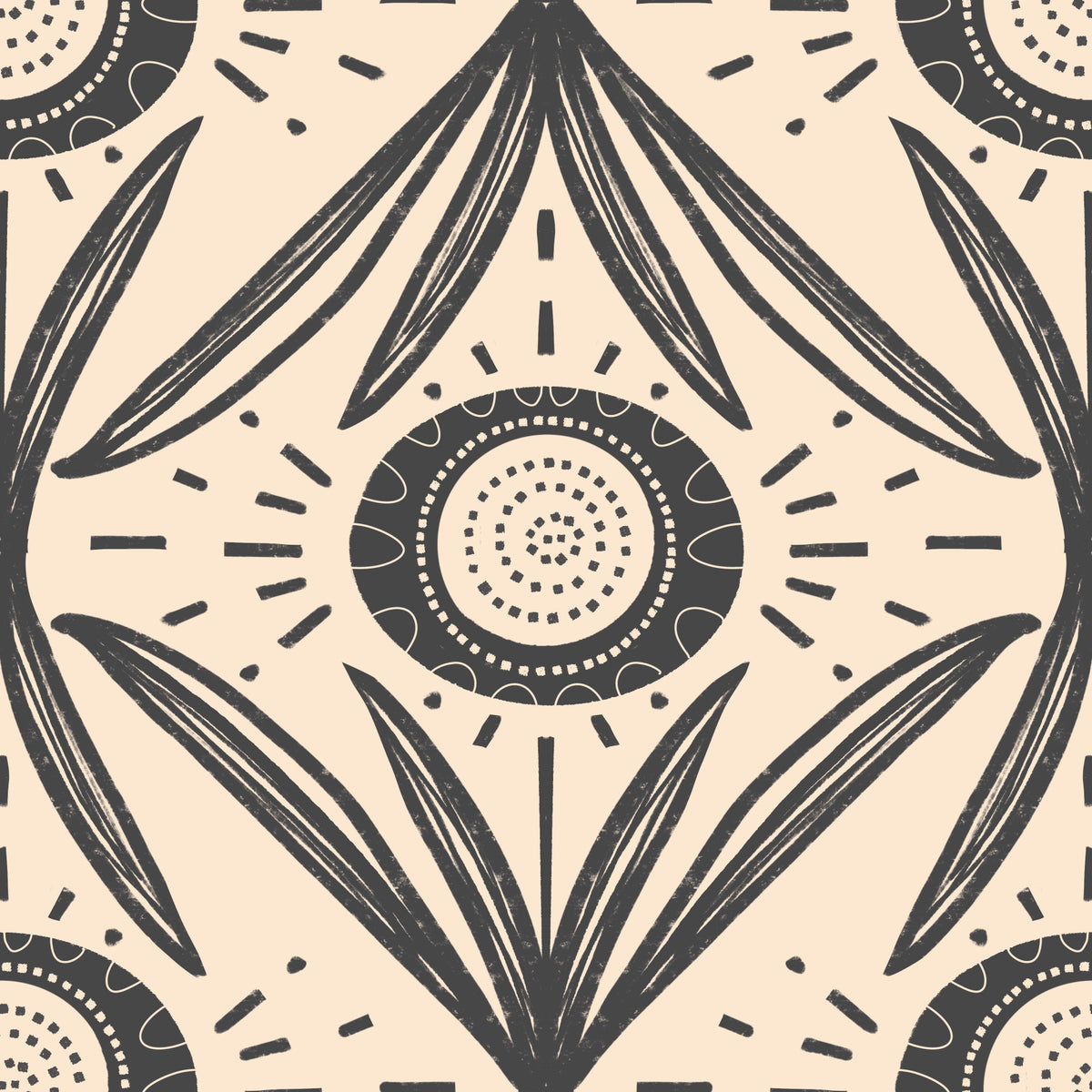 Folk Bloom Radiance Charcoal cream - Retro Contrast Floral Wallpaper⁠