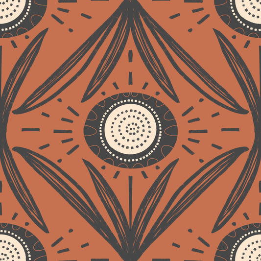 Folk Bloom Radiance Charcoal Terracotta - Retro Contrast Floral Wallpaper⁠