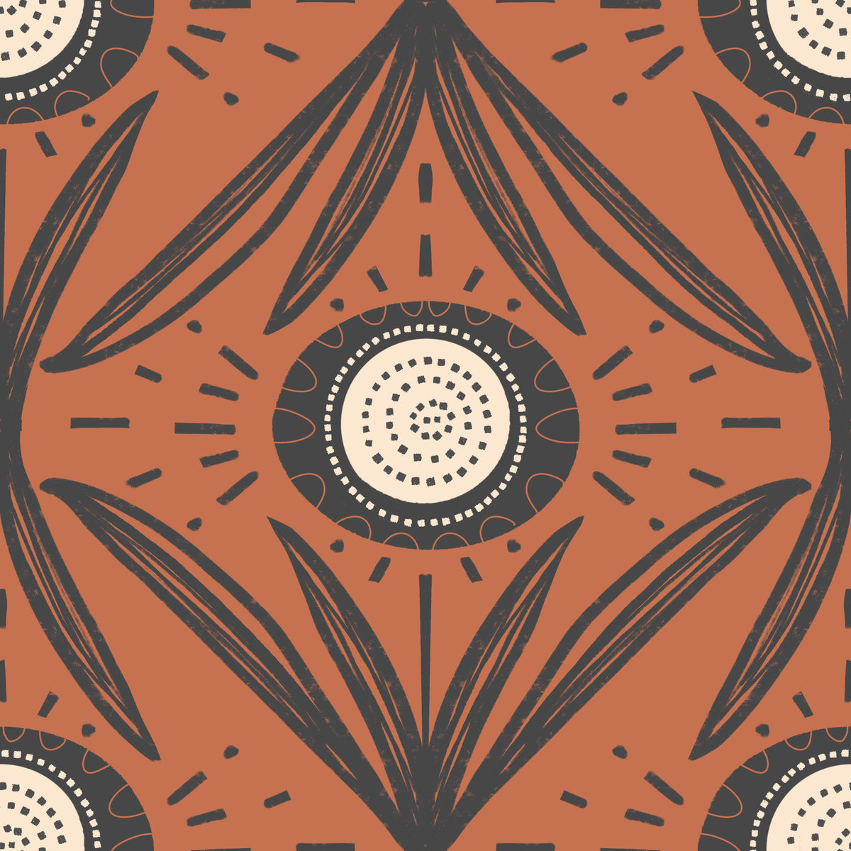 Folk Bloom Radiance Charcoal Terracotta - Retro Contrast Floral Wallpaper⁠