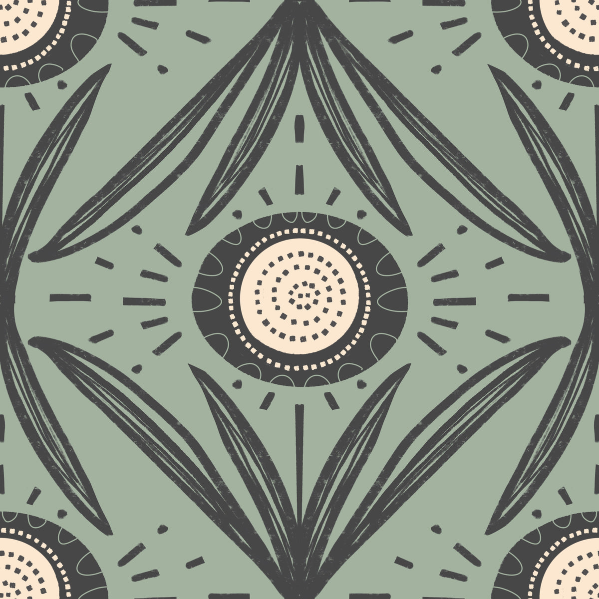 Folk Bloom Radiance Charcoal Sage - Rustic Modern Floral Wallpaper⁠