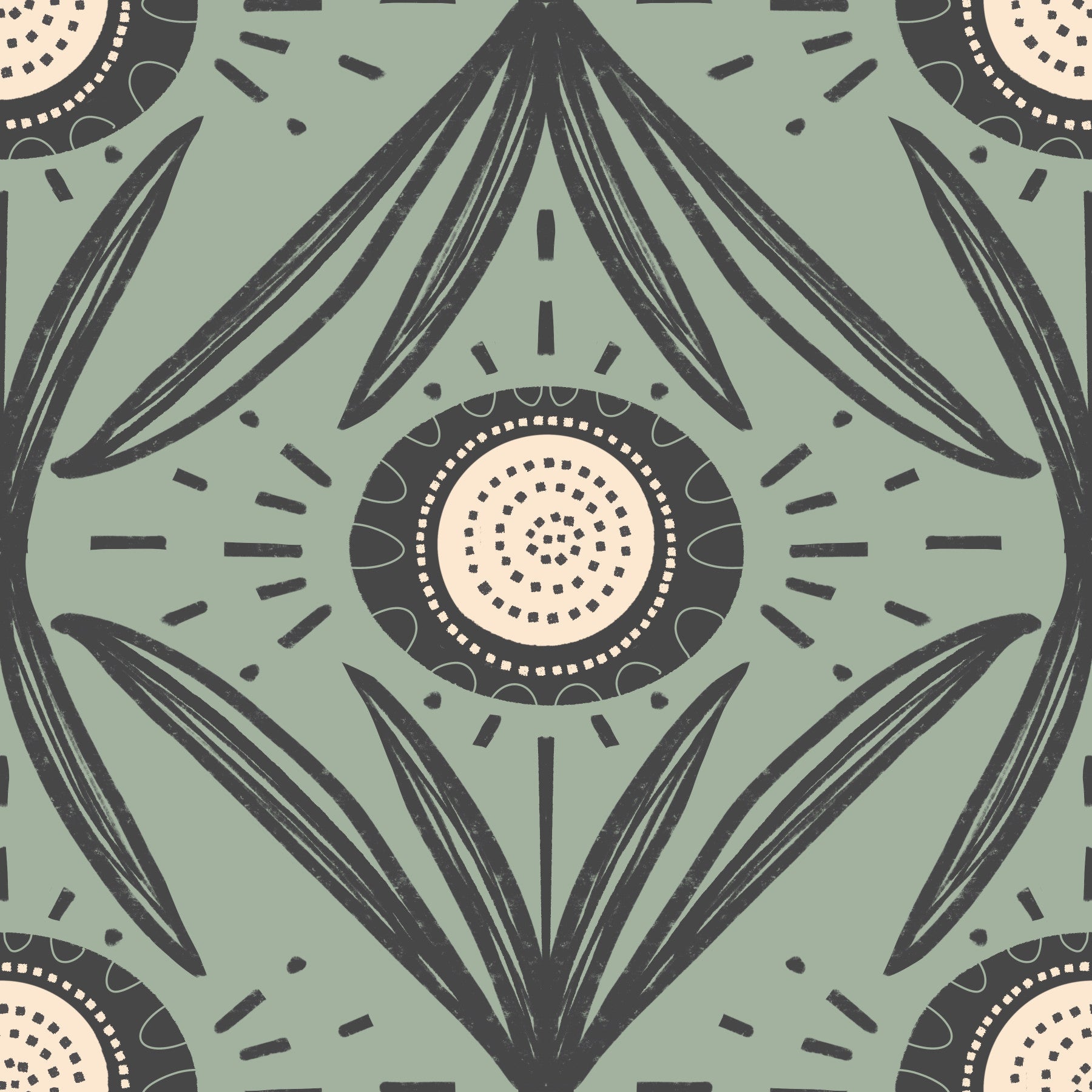 Folk Bloom Radiance Charcoal Sage - Rustic Modern Floral Wallpaper⁠