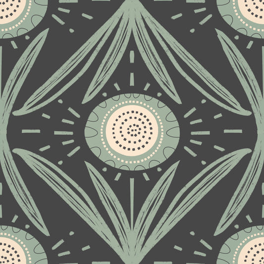 Folk Bloom Radiance Sage Charcoal - Bold Cottage Floral Wallpaper⁠