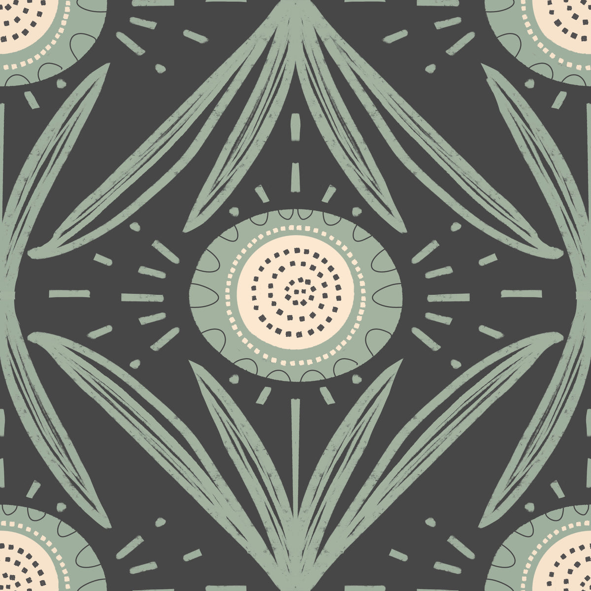 Folk Bloom Radiance Sage Charcoal - Bold Cottage Floral Wallpaper⁠