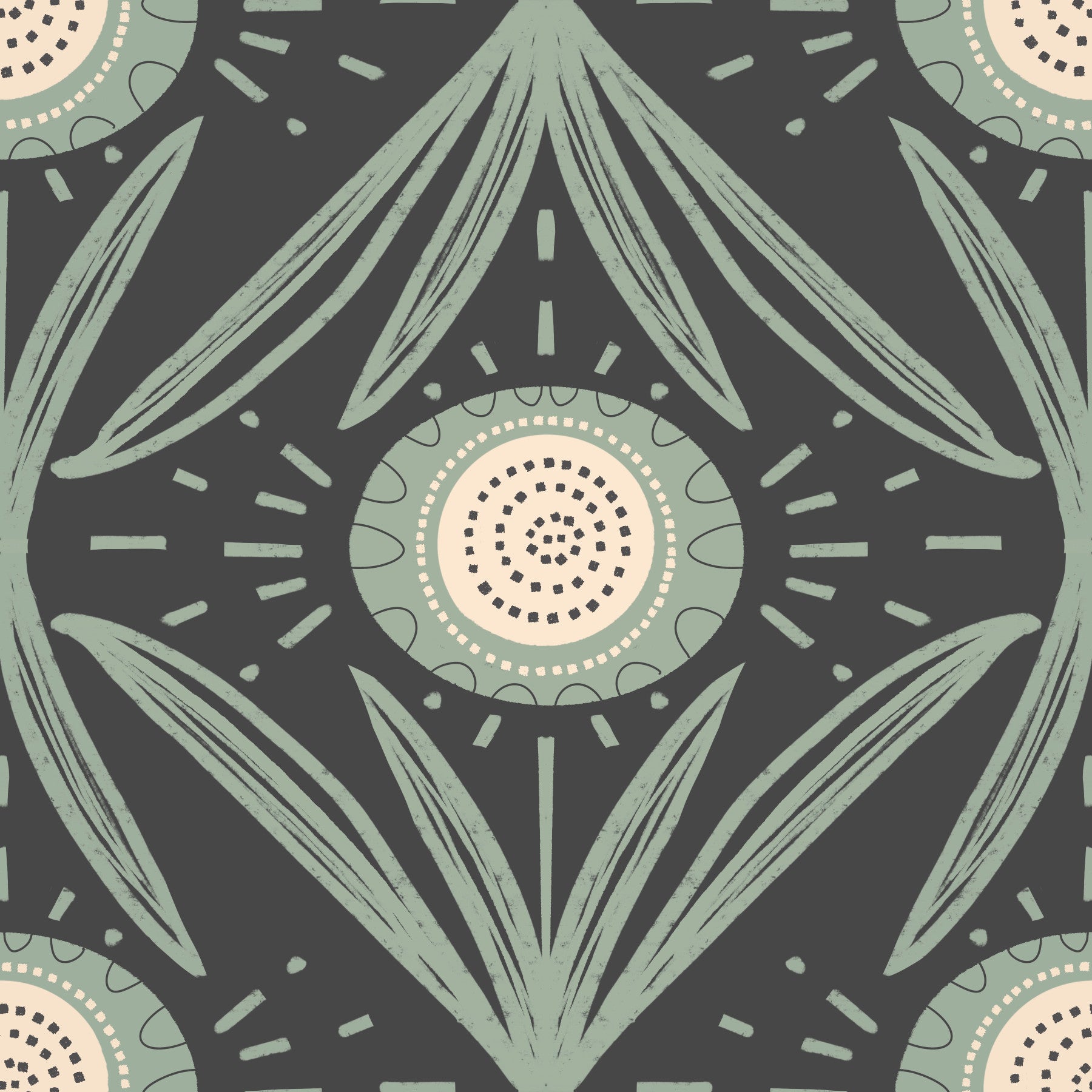 Folk Bloom Radiance Sage Charcoal - Bold Cottage Floral Wallpaper⁠