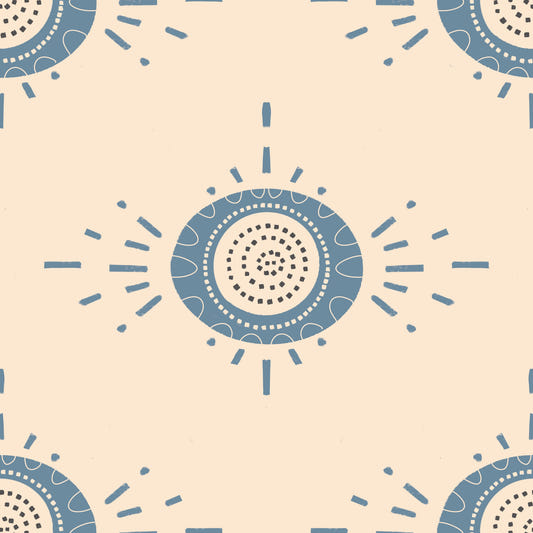 Folk Bloom Light Dusty Blue Cream Scandinavian Mid Mod Floral Wallpaper⁠
