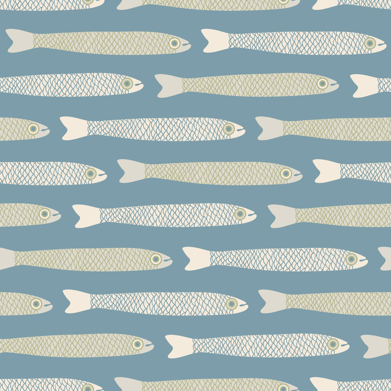 Anchovies Retro Cream Sage Green Fish on Light Blue Wallpaper⁠