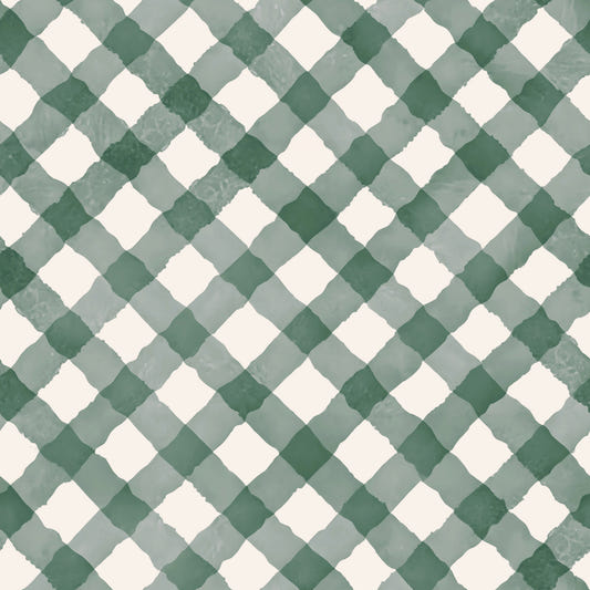 Hand Painted Dark Green Festive Gingham Wallpaper⁠