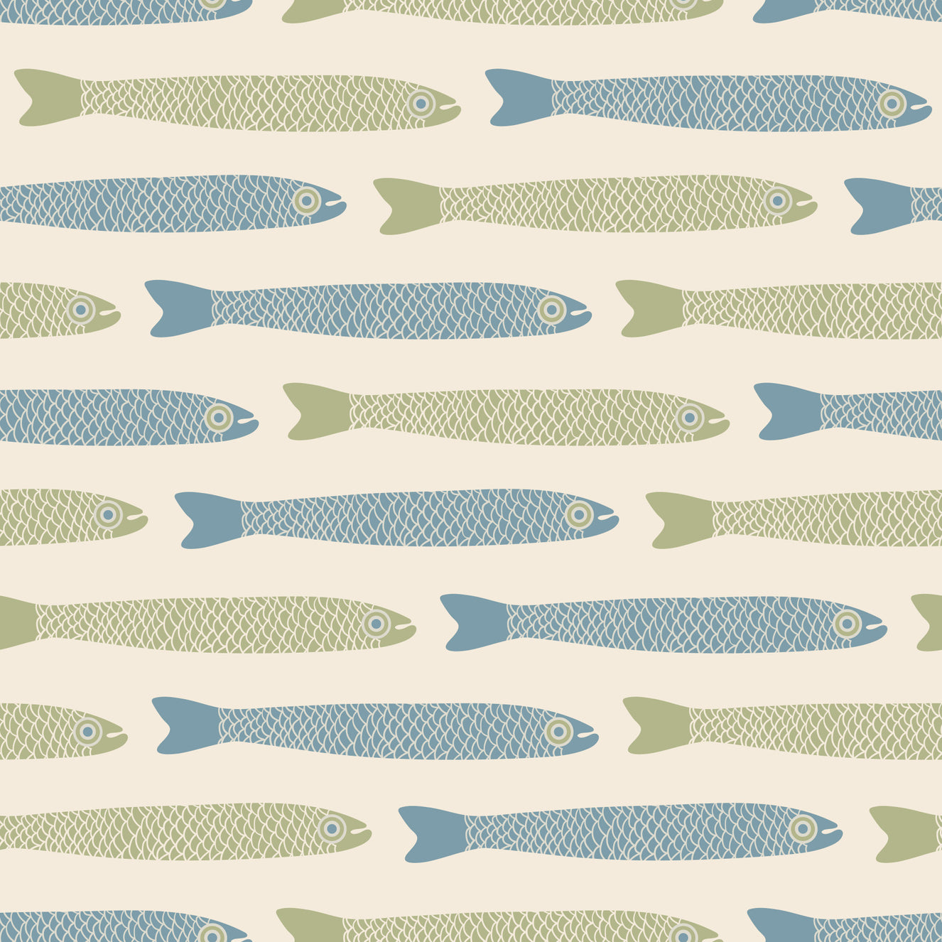 Anchovies Retro Blue Sage Green Fish on Cream Wallpaper⁠