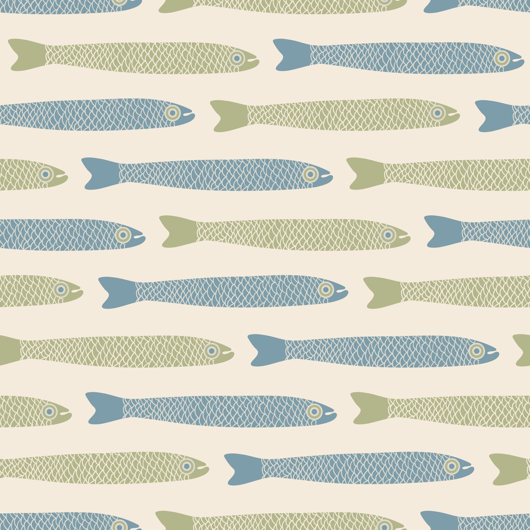 Anchovies Retro Blue Sage Green Fish on Cream Wallpaper⁠