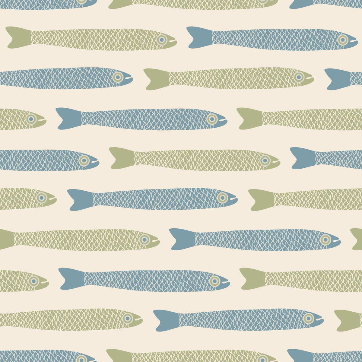 Anchovies Retro Blue Sage Green Fish on Cream Wallpaper⁠ in your room — zoomed