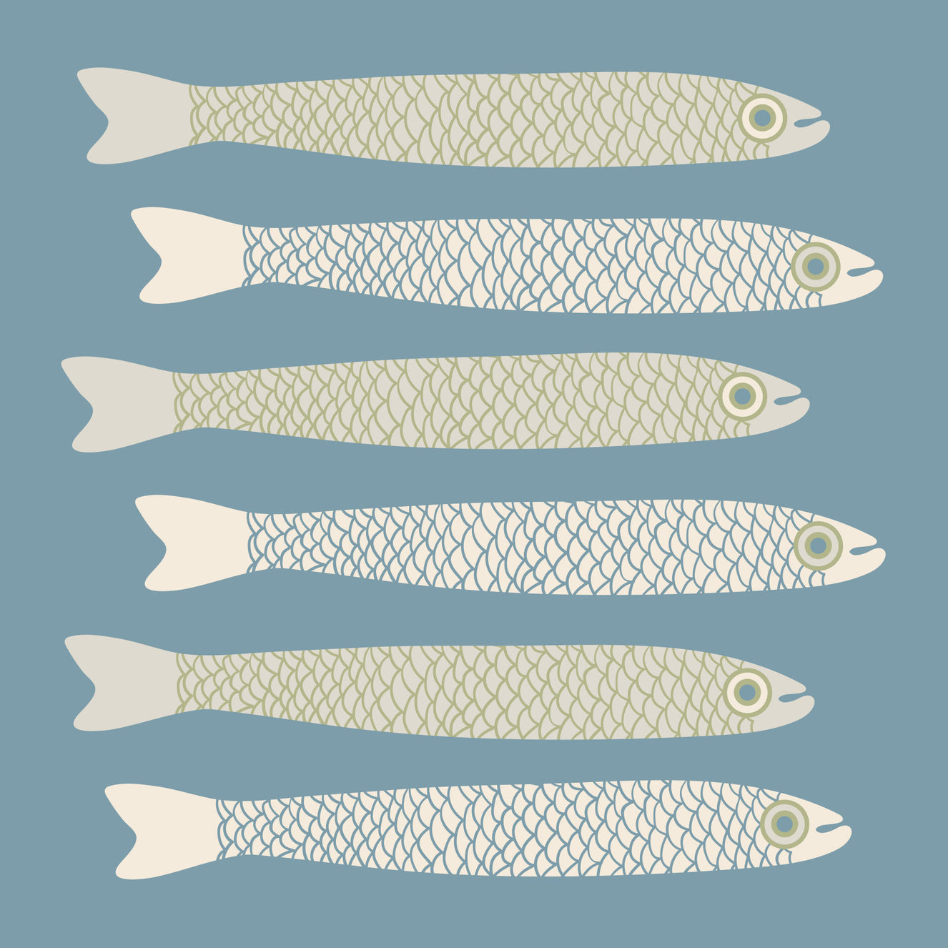 Anchovies Retro Cream Sage Green Fish on Cottagecore Light Blue Wall Mural