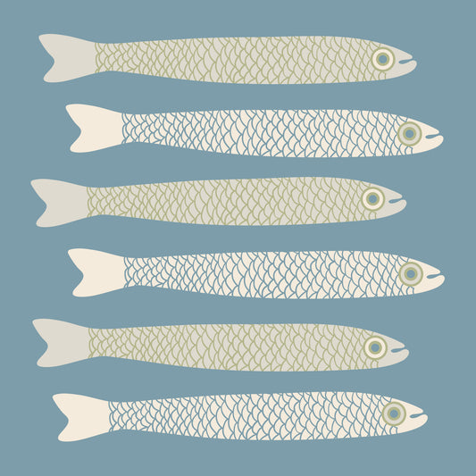 Anchovies Retro Cream Sage Green Fish on Cottagecore Light Blue Wall Mural