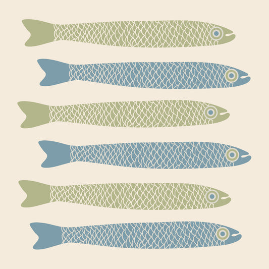 Anchovies Retro Cream Light Blue Sage Green Fish on Cottagecore Cream Wall Mural