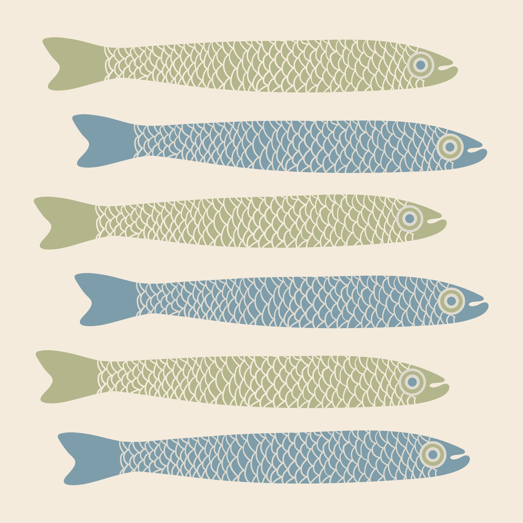 Anchovies Retro Cream Light Blue Sage Green Fish on Cottagecore Cream Wall Mural