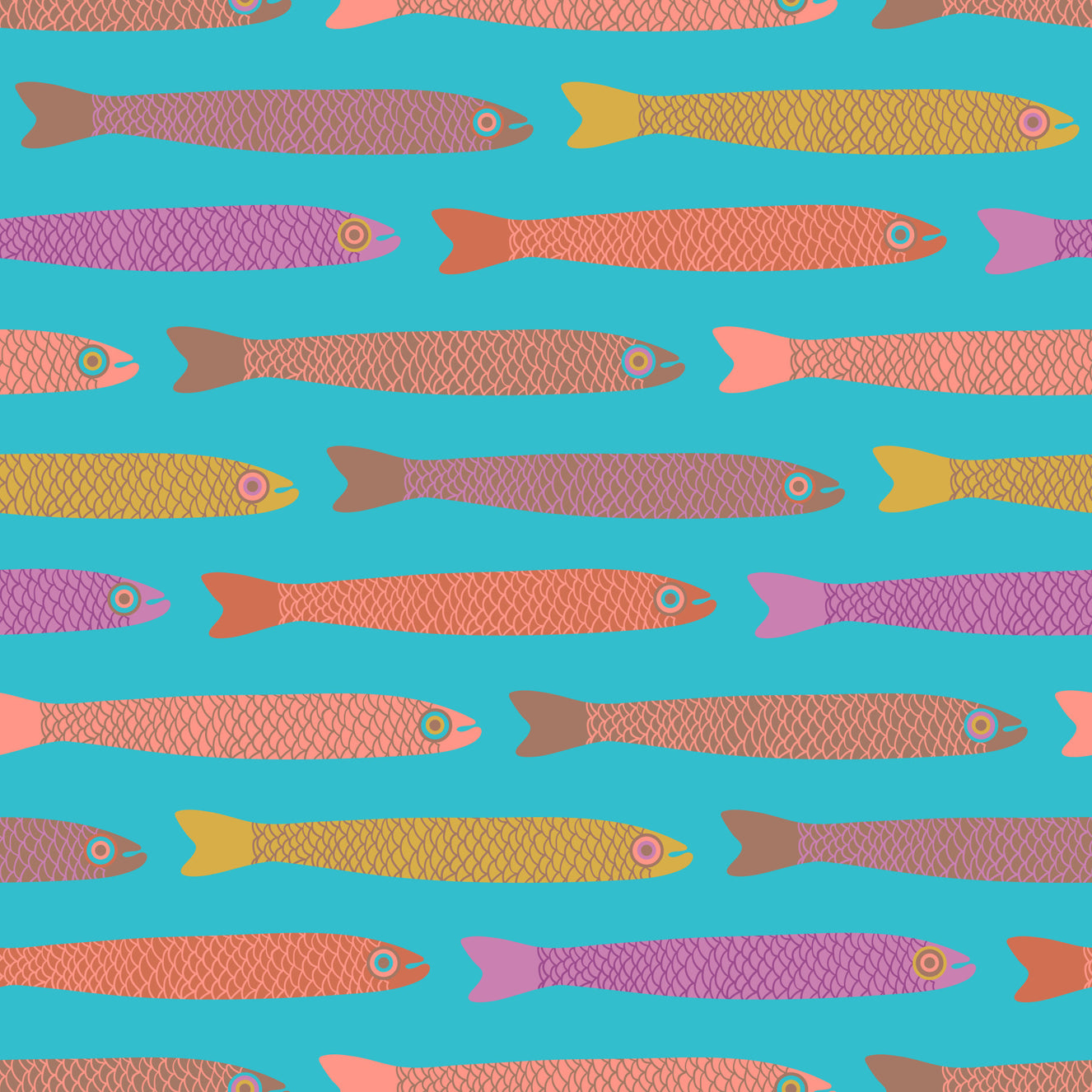 Anchovies Retro Multicolored Fish with Mocha Mousse Brown on Blue Wallpaper⁠