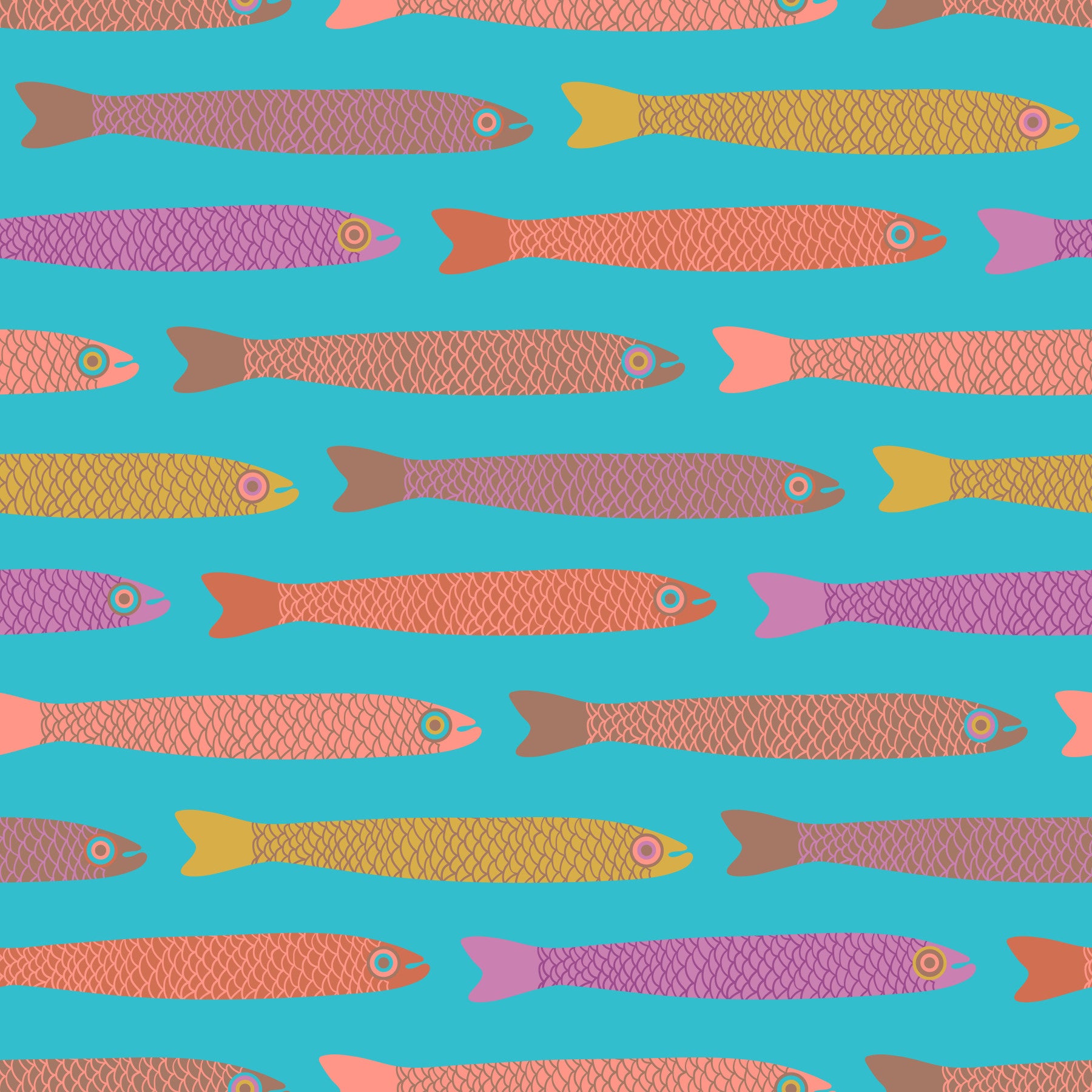 Anchovies Retro Multicolored Fish with Mocha Mousse Brown on Blue Wallpaper⁠
