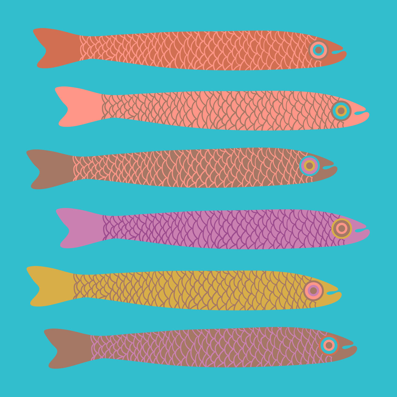Anchovies Retro Multicolored Fish with Mocha Mousse Brown on Blue Wall Mural