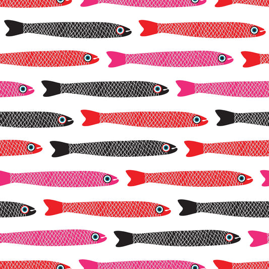 Anchovies Retro Red Pink Black Fish on White Wallpaper⁠