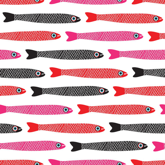 Anchovies Retro Red Pink Black Fish on White Wallpaper⁠
