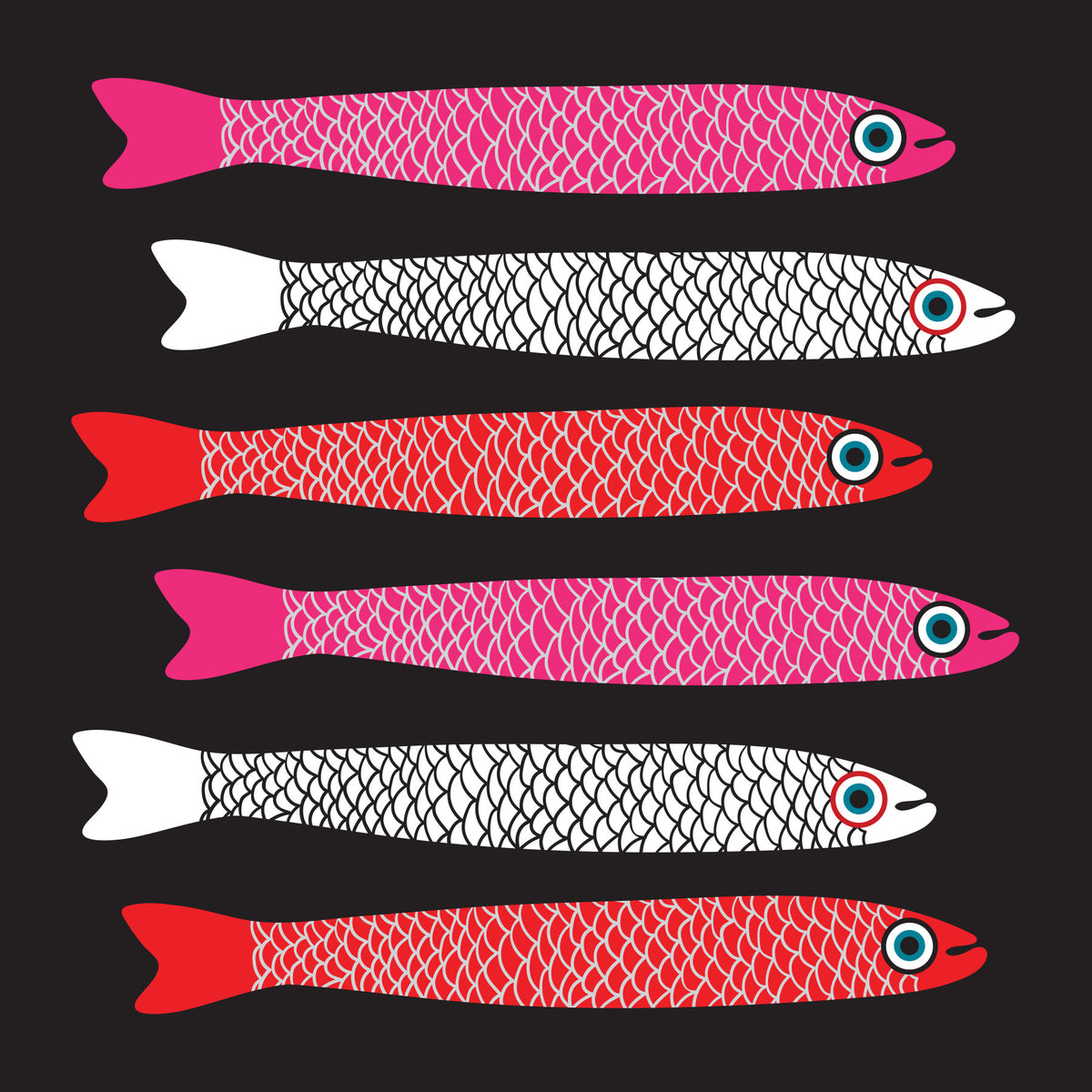 Anchovies Retro Red Pink White Fish on Black Wall Mural