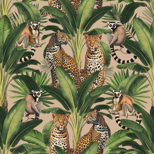 Cheetah And Monkey Jungle Beige Wallpaper⁠