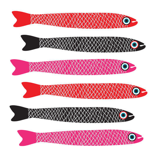 Anchovies Retro Red Pink Black Fish on White Wall Mural