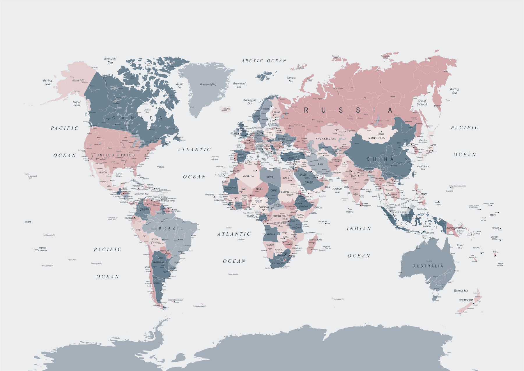 World Map Blush Pink and Indigo Wall Mural