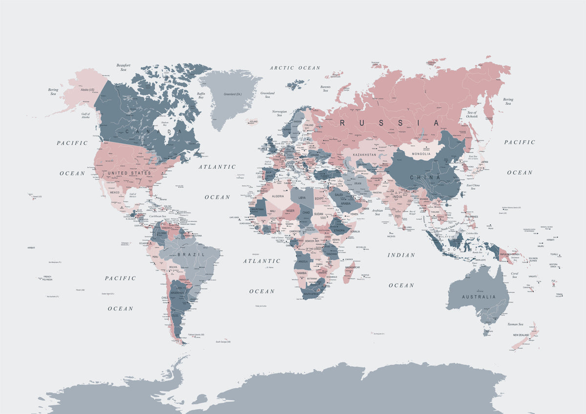 World Map Blush Pink and Indigo Wall Mural in your room — zoomed
