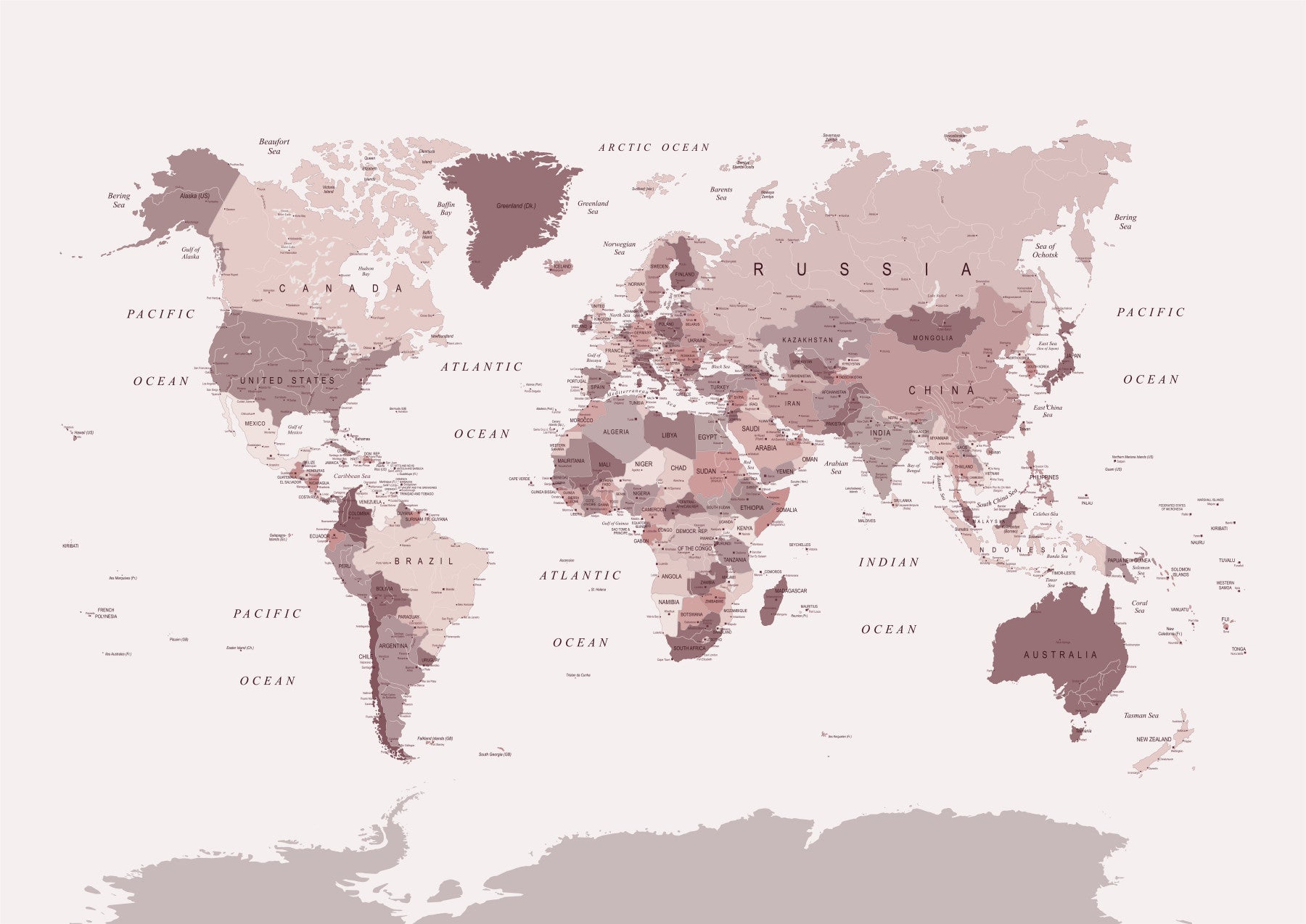 World Map - Blush Pink Cranberry Wall Mural