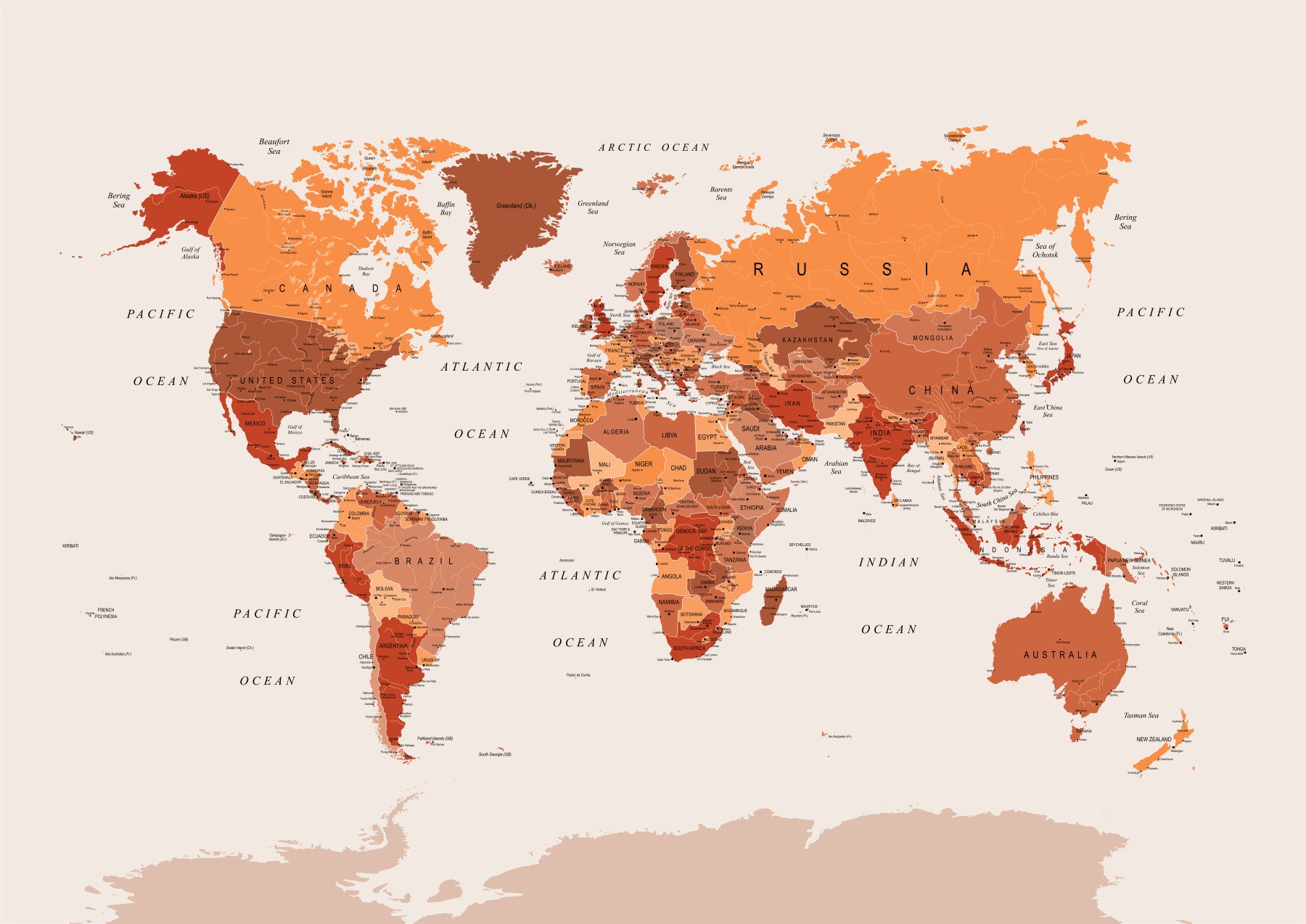 World Map Burnt Orange Wall Mural