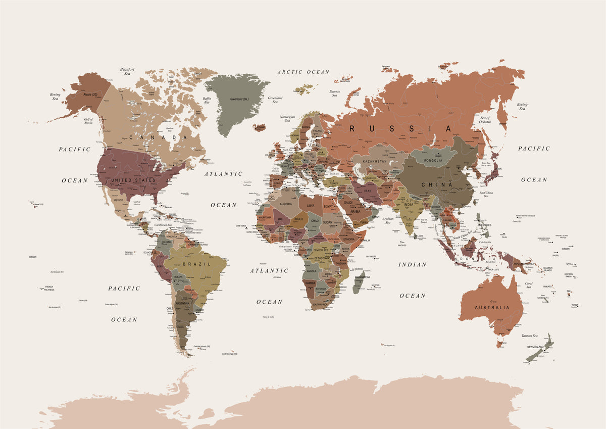 World Map in Earth Tones Wall Mural in your room — zoomed