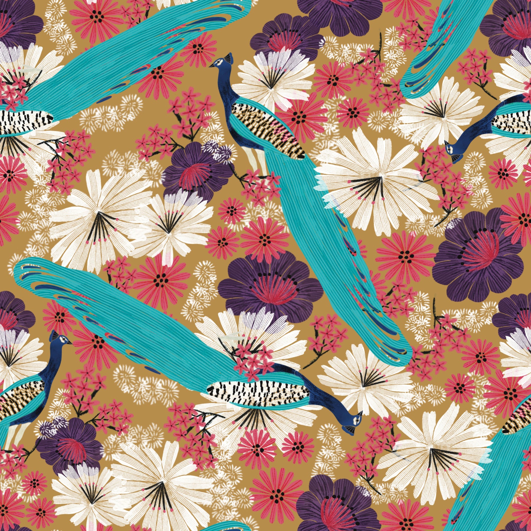 Peacock Promenade - Gold Wallpaper⁠