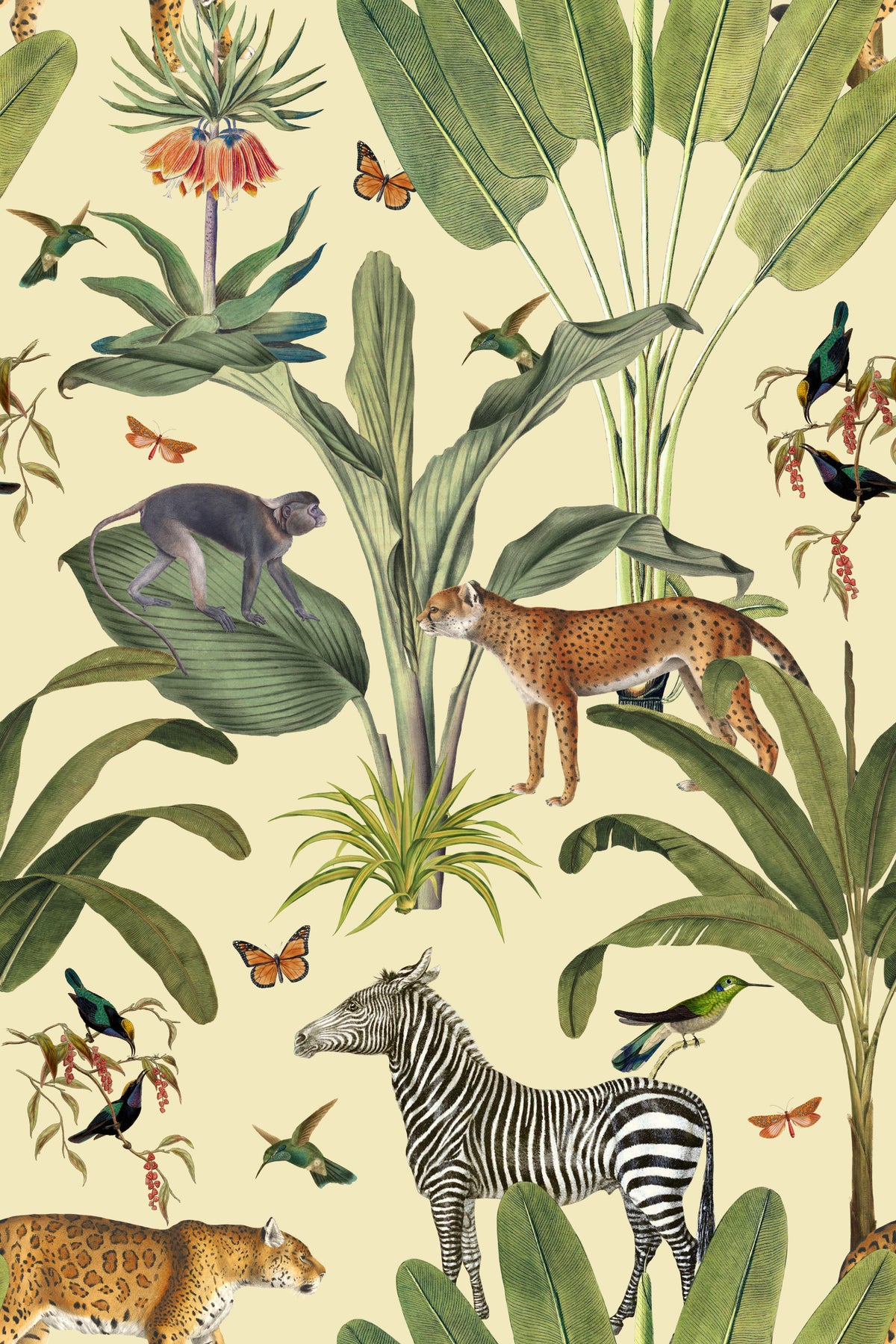 Safari Wildlife Vintage Botanical Wallpaper⁠