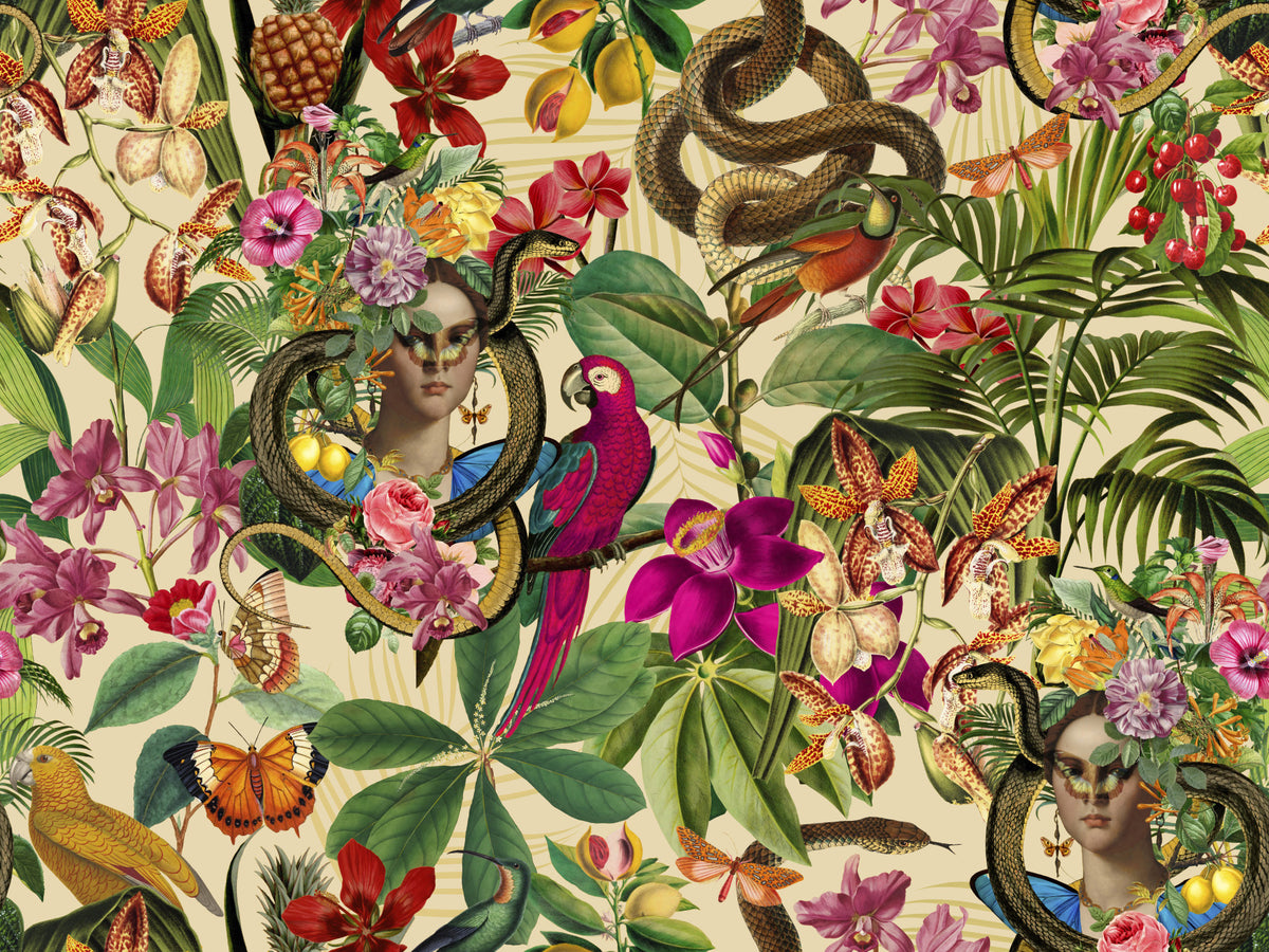 Snake Princess Whimsical Vintage Botanical Collage Wallpaper⁠