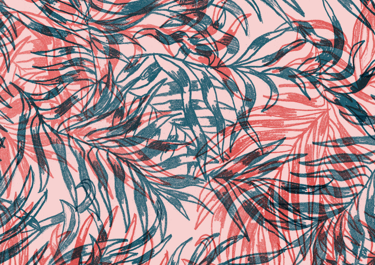 Tropical Foliage in Rouge and Teal Wall Mural in your room — zoomed