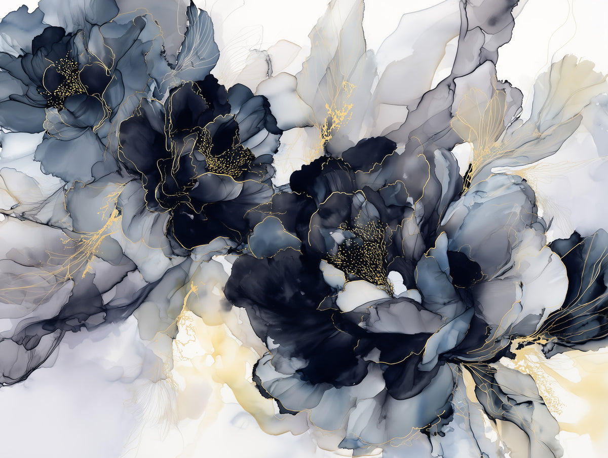 Midnight Blossom Ink Flowers Wall Mural