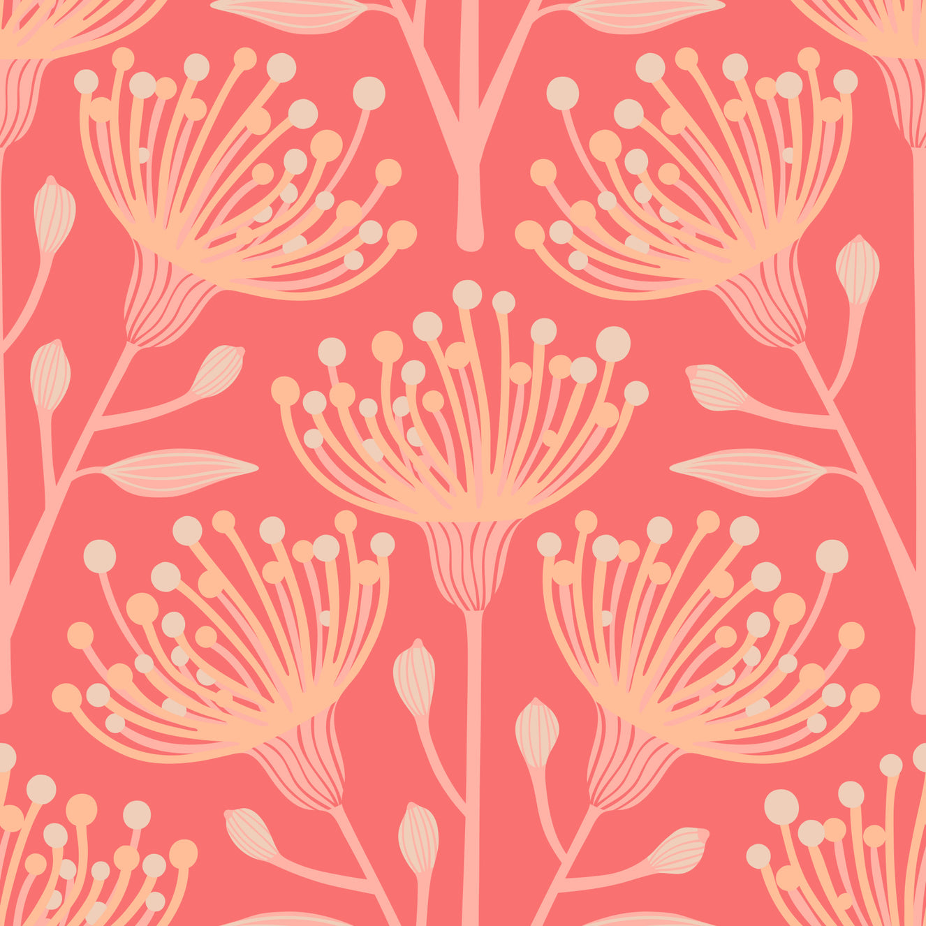 Eucalyptus Floral Botanical Bright Peach Fuzz Orange Coral Wallpaper⁠
