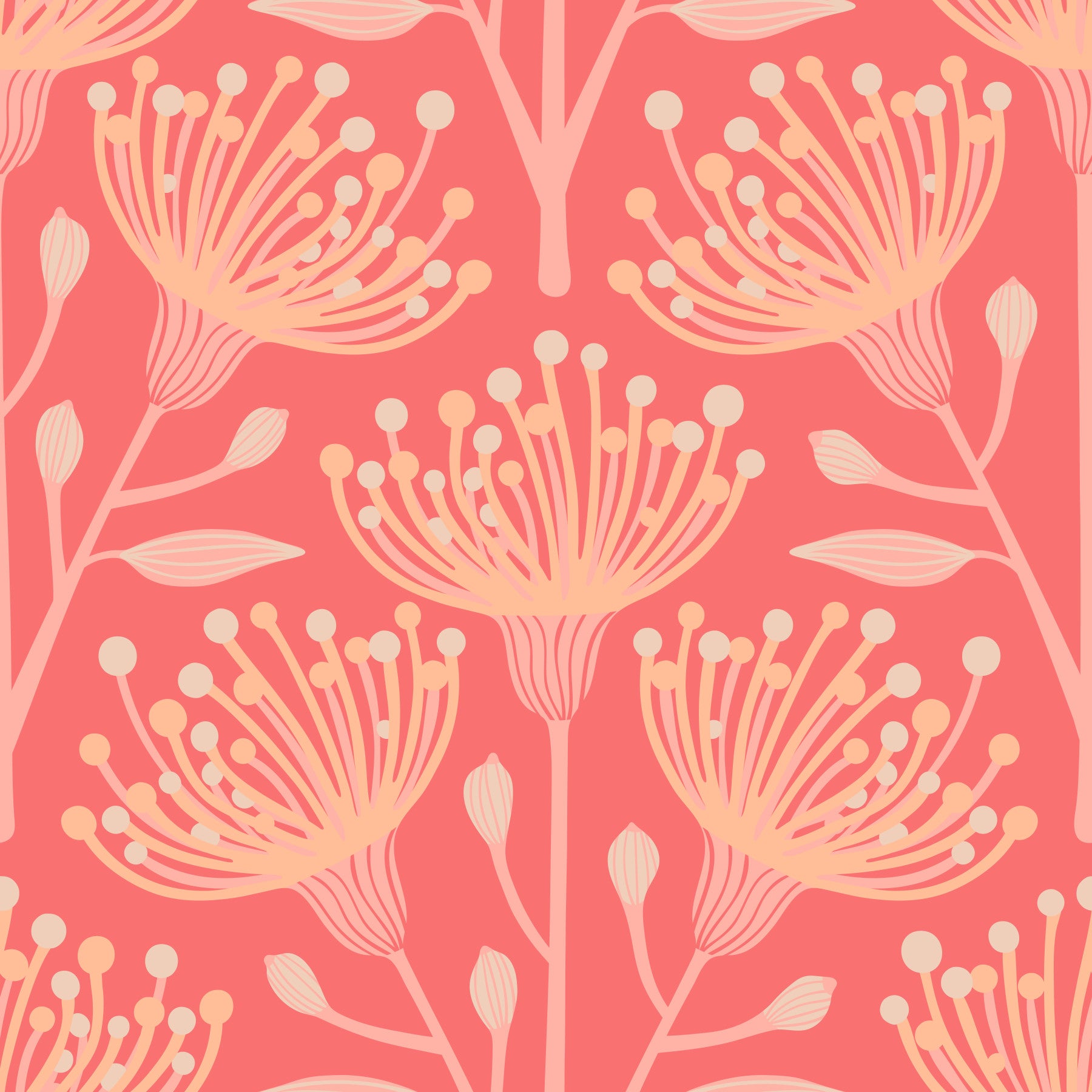 Eucalyptus Floral Botanical Bright Peach Fuzz Orange Coral Wallpaper⁠