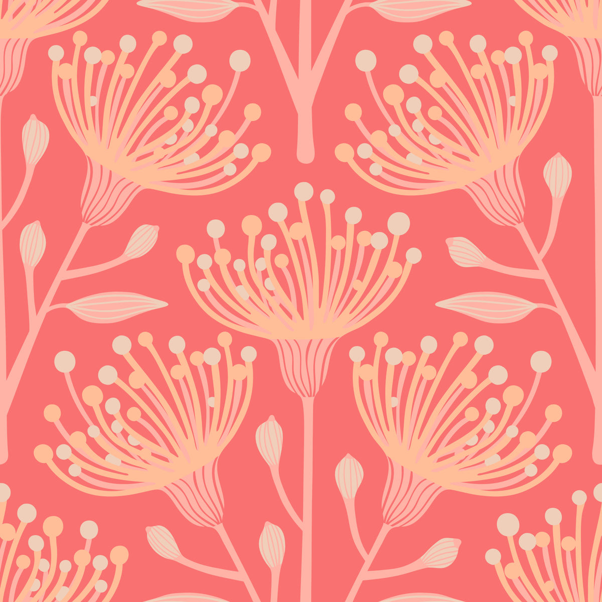 Eucalyptus Floral Botanical Bright Peach Fuzz Orange Coral Wallpaper⁠ in your room — zoomed