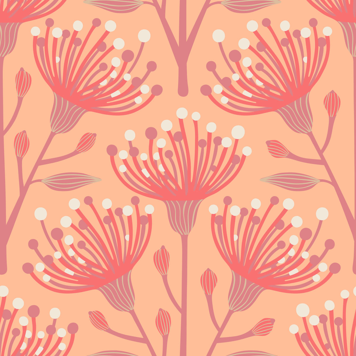 Eucalyptus Floral Botanical Coral Peach Fuzz Orange Wallpaper⁠ in your room — zoomed