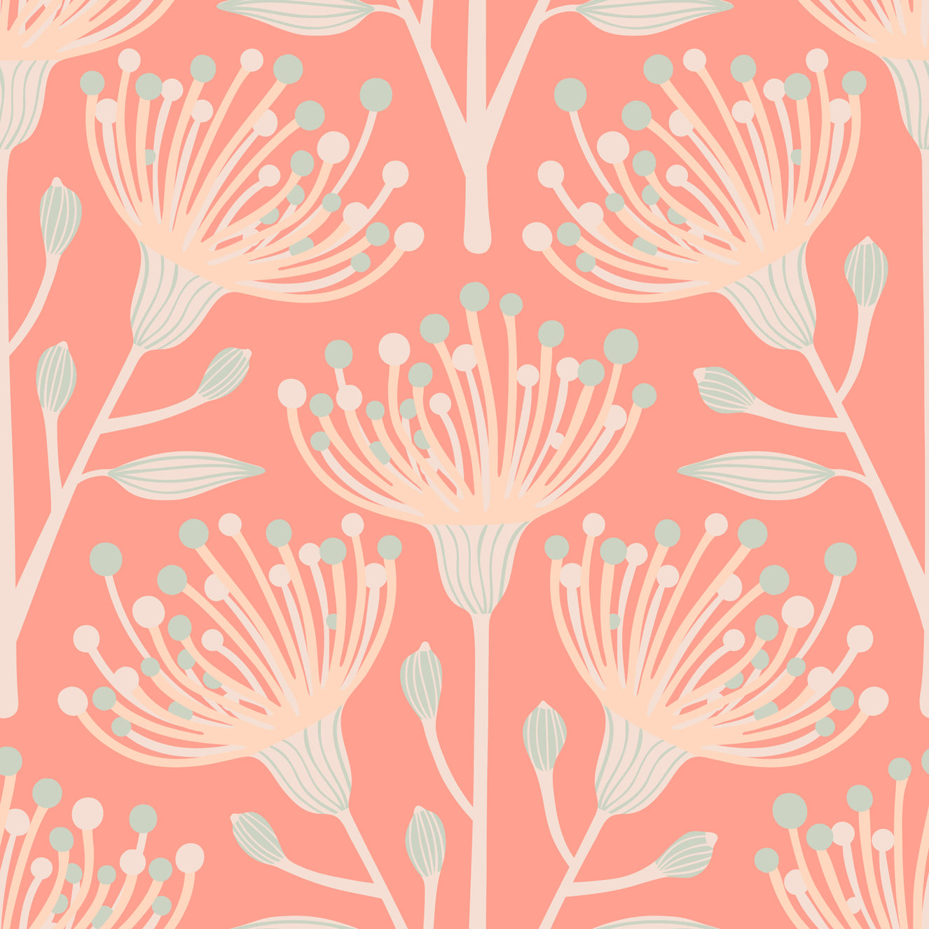 Eucalyptus Floral Botanical Cottage Blush on Apricot Orange Wallpaper⁠