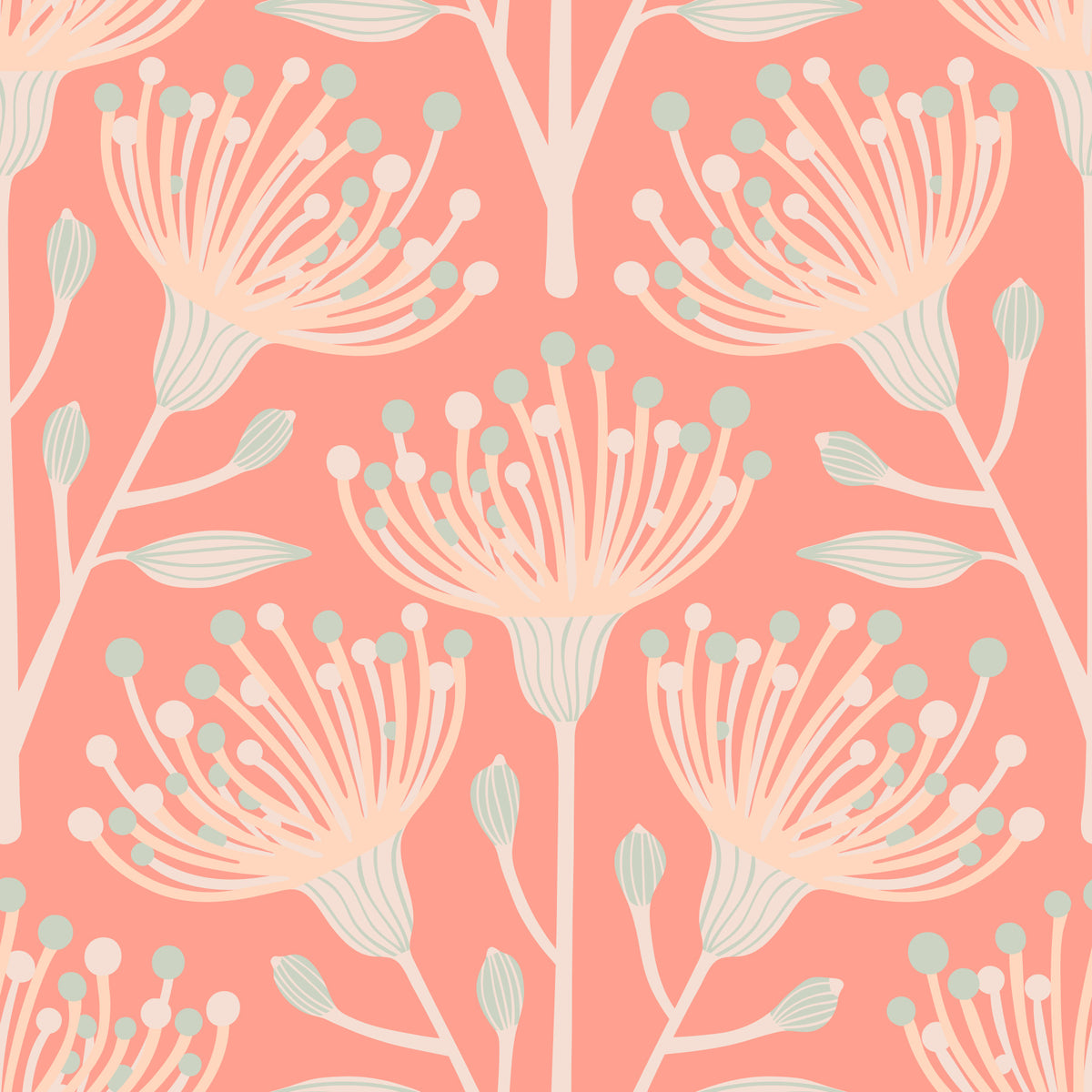 Eucalyptus Floral Botanical Cottage Blush on Apricot Orange Wallpaper⁠
