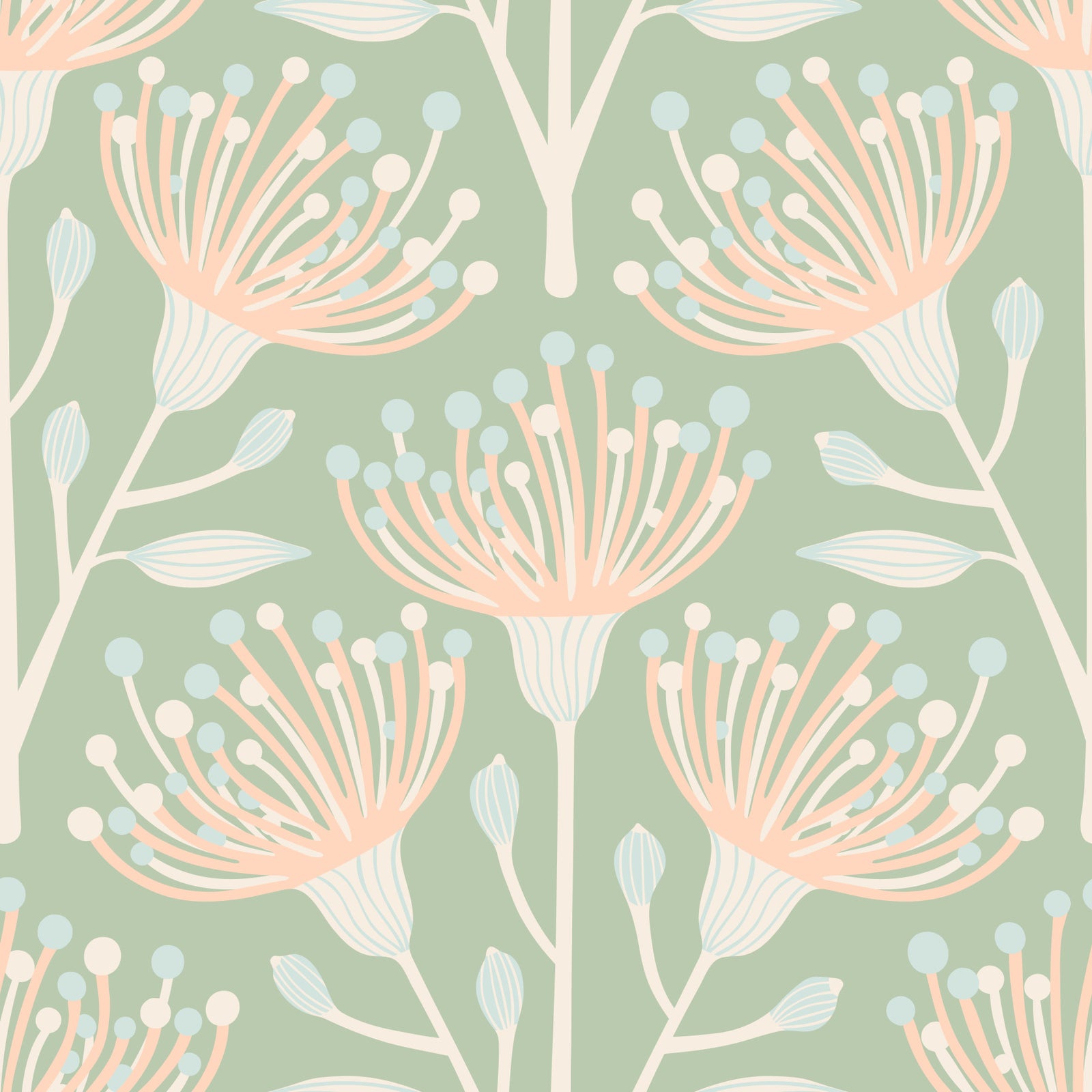 Eucalyptus Floral Botanical Cottage Blush on Sage Green Wallpaper⁠