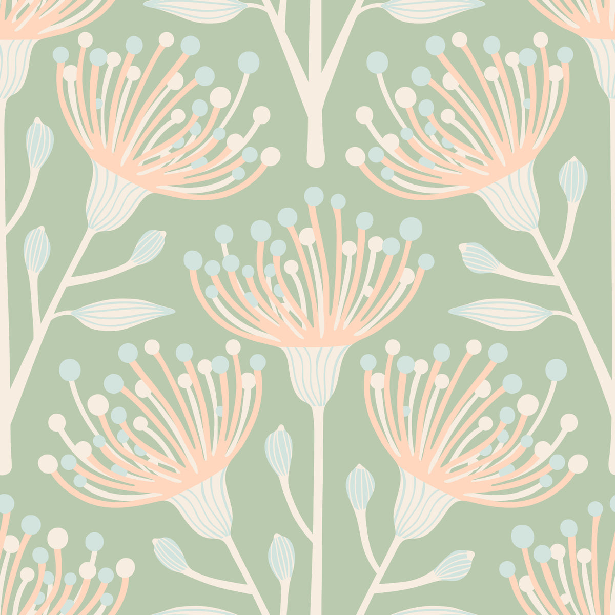 Eucalyptus Floral Botanical Cottage Blush on Sage Green Wallpaper⁠